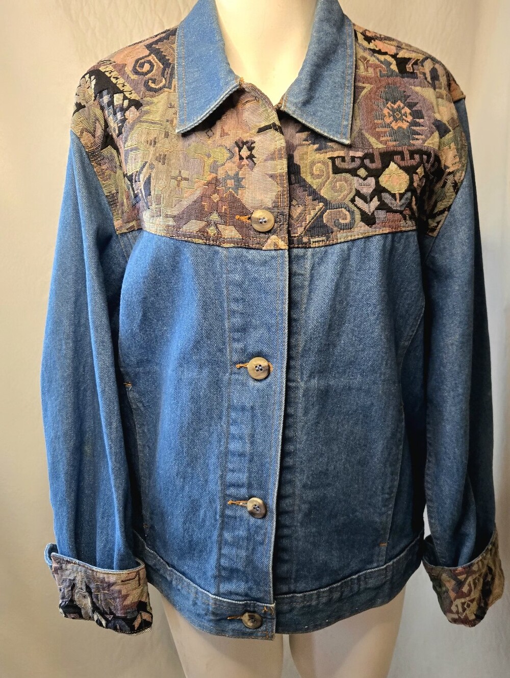 Vintage L.L. Bean USA Denim & Tapestry Jacket Southwestern Boho Cottagecore M